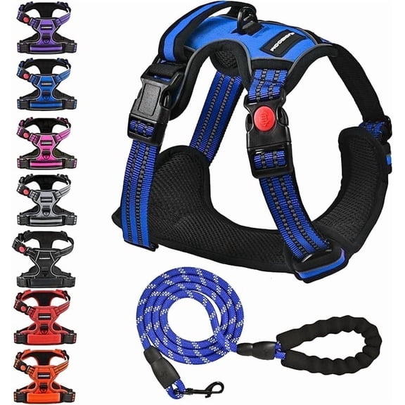 No Pull Dog Harness with A Free Heavy Duty 5ft Dog Leash, Adjustable Soft Padded Dog Vest, Reflective No-Choke Pet Oxford Vest with Easy Control Handle for Small and Large Dogs (Blue, Medium)