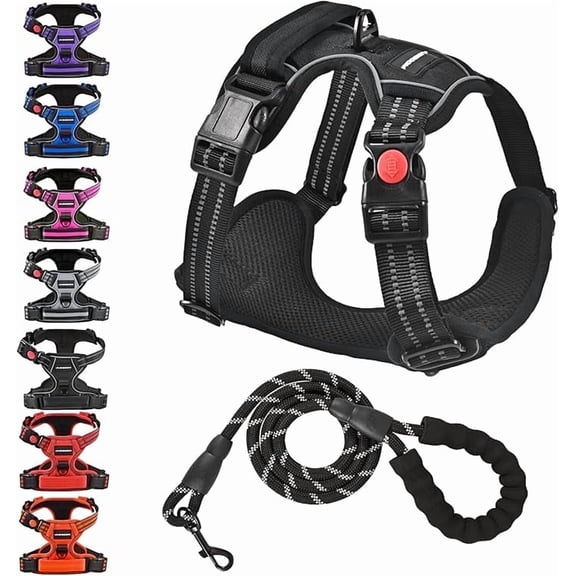 No Pull Dog Harness with A Free Heavy Duty 5ft Dog Leash, Adjustable Soft Padded Dog Vest, Reflective No-Choke Pet Oxford Vest with Easy Control Handle for Small and Large Dogs(Black, Large)