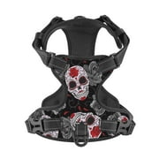 No Pull Dog Harness For Medium Dogs Easy Walk Dog Vest Adjustable Collars Harnesses & Leashes Set Breathable Oxford Outdoor Walking Safety Reflective Strip Gothic Skulls Roses Thorns Devilish