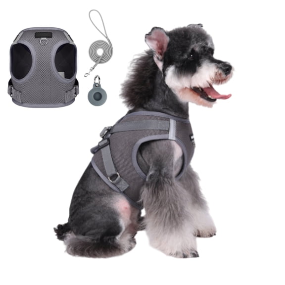 No Pull Dog Harness with Tracker Holder, 3-in-1 Breathable Pet Vest Set with Leash & Case, Easy Step-in Adjustable Harness for Small Medium Dogs, Anti-Lost & Escape Proof (Black/Grey)