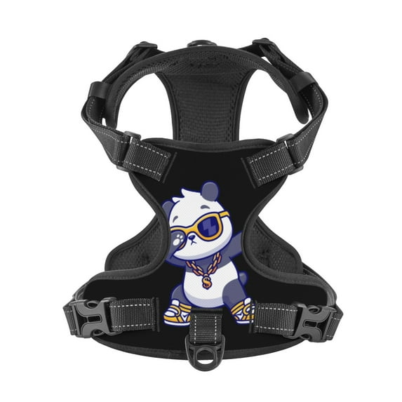 No Pull Dog Harness For X-Large Dogs Easy Walk Dog Vest Adjustable Collars Harnesses & Leashes Set Breathable Oxford Outdoor Walking Safety Reflective Strip Cute Panda Wearing Gold Necklace & Glasses