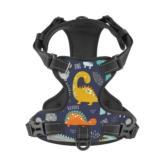No Pull Dog Harness For X-Large Dogs Easy Walk Dog Vest Adjustable Collars Harnesses & Leashes Set Breathable Oxford Outdoor Walking Safety Reflective Strip Kids Cute Dinosaurs