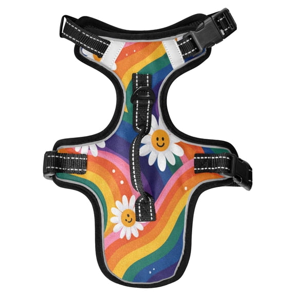 No Pull Dog Vest Harnesses and Escape Proof Cat Harnesses with Leash Set Reflective Adjustable Breathable Soft Padded Pet Vest for Small Medium Dogs Cats Rainbow-colored Waves with Daisies
