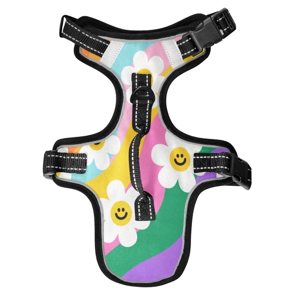 No Pull Dog Vest Harnesses and Escape Proof Cat Harnesses with Leash Set Reflective Adjustable Breathable Soft Padded Pet Vest for Small Medium Dogs Cats Smiley Daisy on Rainbow Background