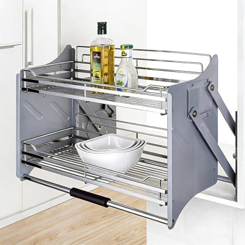 Pull-Down Cabinet Organizer, 2 Tier Pull down Shelf for Kitchen Upper Cabinet, Pull-Out Rack System Inner Space Saving Plate for Kitchen Appliance Lift Upper Cabinet, 22 Inch Width