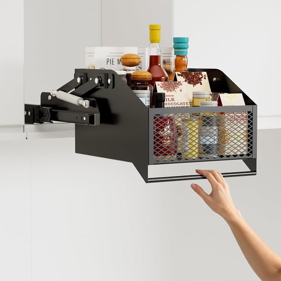 Pull-Down Cabinet Organizer for High/Deep Cabinets, Drop Down Spice Rack, 12.6" Out & 1.8" Down, Dual Install (Screw/3M Tape), Fits Frameless, for Spices, Snacks and Small Bottles (Black)