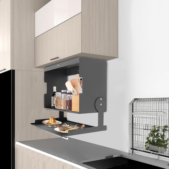 Pull Down Cabinet Shelf, 2-Tier Kitchen Storage Rack with Pull-Down Cover Wall Spice Organizer Under Cabinet for Kitchens Bars Cafes