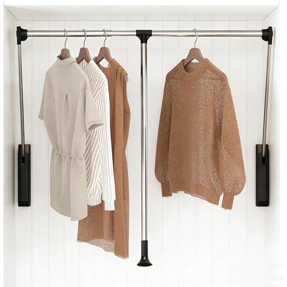 Pull Down Closet Rod Stainless Steel 32.6-45.3Inch Adjustable Wardrobe Lift Rail Rod Back Mounted Closet Pole for Waredrobe & Hanging Clothes