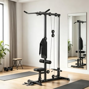 Pull Down Machine with Adjustable Seat And Flip-Up Footplate High/Low Pulley Home Gym Equipment Black