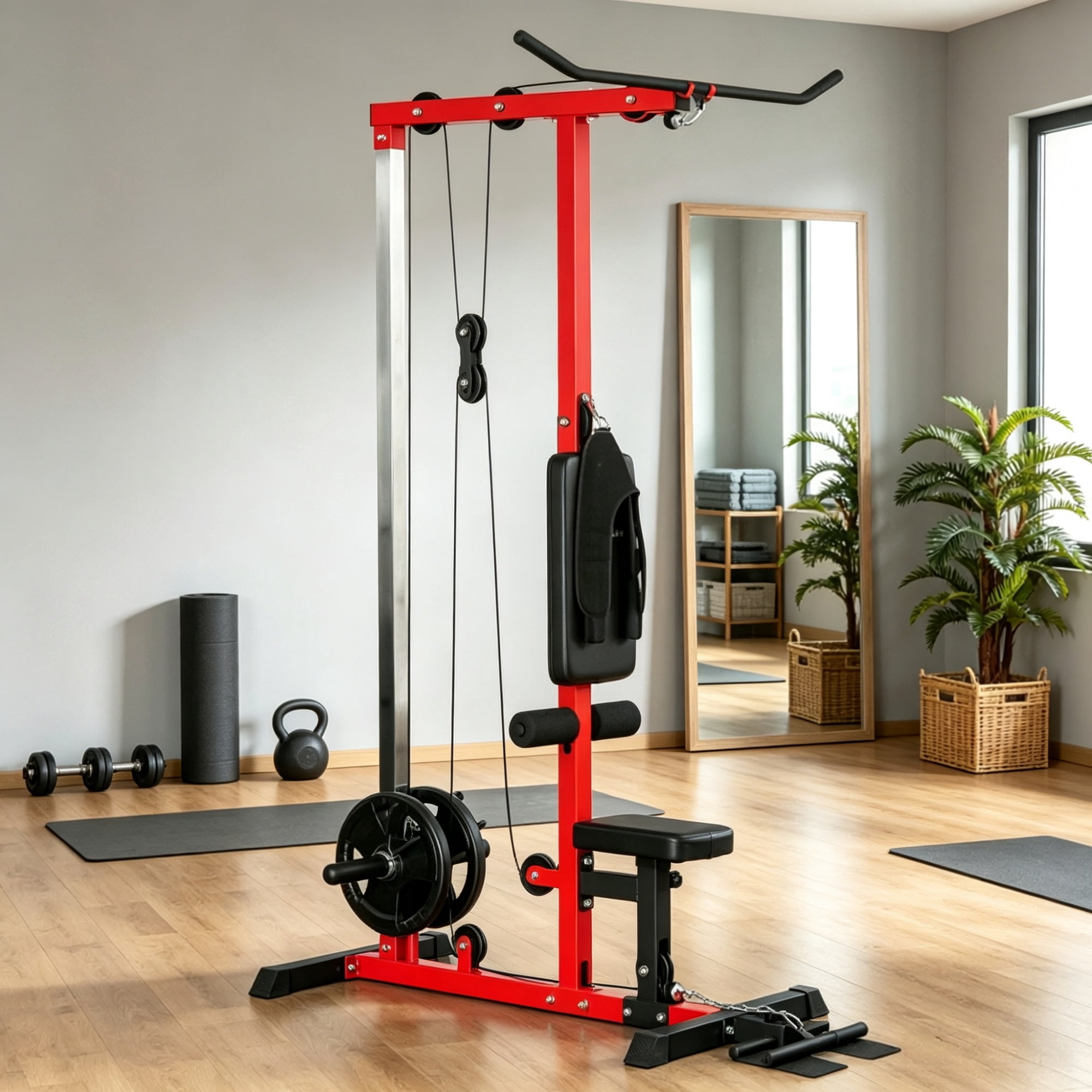 Pull Down Machine with Adjustable Seat And Flip-Up Footplate High/Low Pulley Home Gym Equipment for Upper Body Strength Training Red