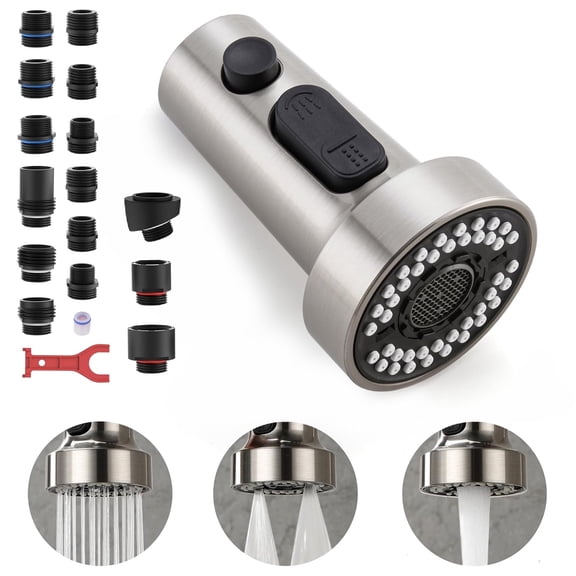 Pull Down Spray Head Replacement - for Kitchen Faucet Sprayer Head with 15 Adapters, 3 Function Pull Out Faucet Spray Nozzle, Brushed Nickel