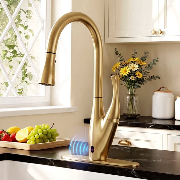 Sunrinx Smart Touchless Kitchen Faucet Pull Down Sprayer Brushed Gold High Arc Dual Sensor
