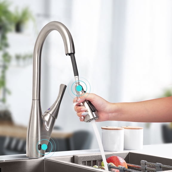 Sunrinx Kitchen Faucets With Pull-Down-Active Sensor Sprayer, Brushed Nickel, High Arc Single Handle Dual-Sensor Touchless Sink Faucet For Kitchen, Infrared Sensor