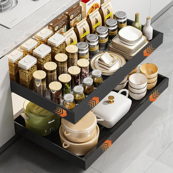 Pull out Drawers for Cabinets, Adhesive Peel and Stick, Roll out Shelves with 3 Rails, Expandable Cabinet Organizer for Kitchen Bathroom Pantry Organization Storage, Adjustable Width 12.4'' - 20.47''