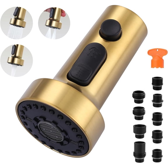 Pull Down Faucet Head Replacement: 3-Function Kitchen Faucet Head with 9 Adapters - Brushed Gold Kitchen Sink Spray Replacement Compatible with Moen, Delta, American Standard Faucets
