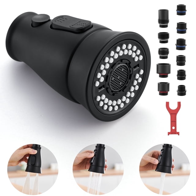 Pull Down Faucet Head Replacement - for Kitchen Faucet with 15 Adapters, sink sprayer attachment for faucet, 3 Modes Pull Out Kitchen Sink Sprayer Nozzle, Matte Black
