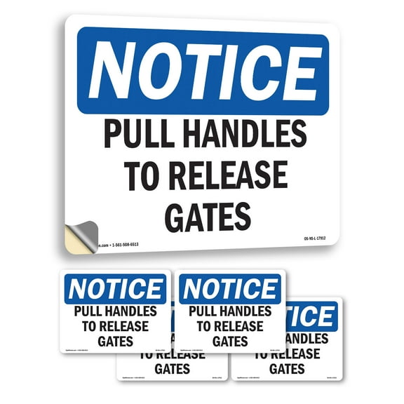 Pull Handles To Release Gates OSHA Notice Vinyl Decal Label 18 Inch x 12 Inch - 5 Pack