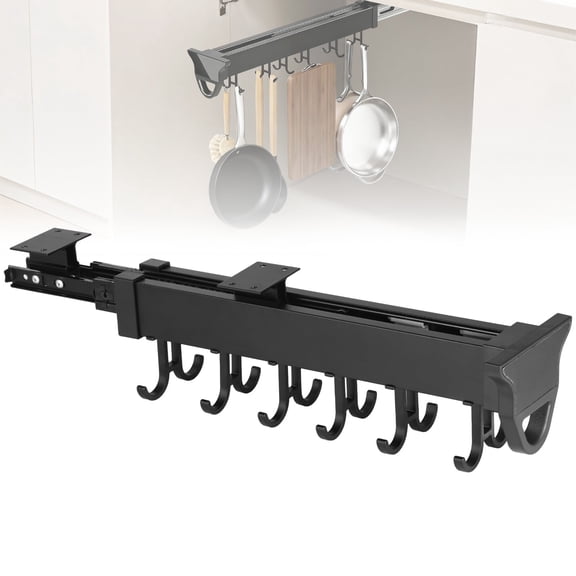 Pull Out Hanging Pot Rack, 12-Hook Extendable Sliding Rail Organizer, Metal Pull Out Pan Rack for Kitchen Cabinet, Adjustable Pot Pan Organizer, Multi-Use for Cupboard Closet