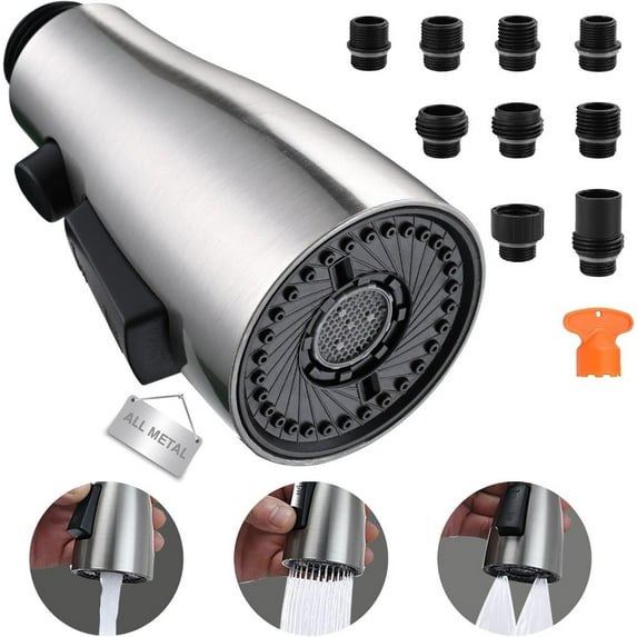 Pull Down Kitchen Faucet Head Replacement, 3-Function Metal Kitchen Faucet Head High Pressure Kitchen Sink Sprayer Replacement with 9 Adapters Compatible with American Standard, Brushed Nickel