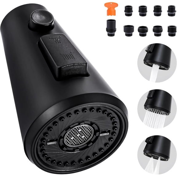 Pull Down Kitchen Faucet Head Replacement,3-Function Sink Spray Nozzle with 9 Adapters,Compatible with Moen,American Standard,Delta,Kohler Faucets,Matte Black