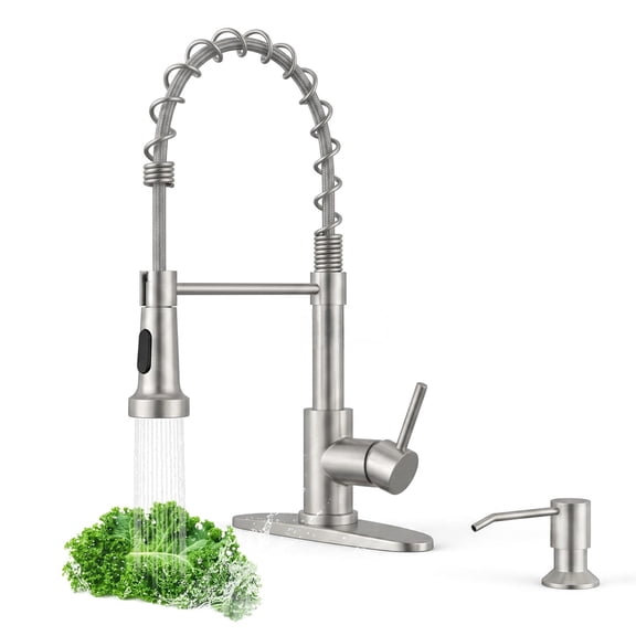 Pull Down Kitchen Faucet with Integrated Soap Dispenser, High Arc Spring Neck, Two Spray Modes, SUS304 Stainless Steel, Complete Set with 10-Inch Deck Plate for 1 or 3 Hole Installation
