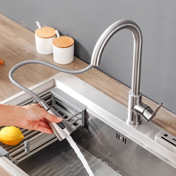 Pull Down Kitchen Faucet for Kitchen Sink, Brushed Nickel 3-Function Pull Out Sprayer for Farmhouse Laundry RV, Single Handle Faucet - 360 Swivel, 1/2 Hose, Easy Install