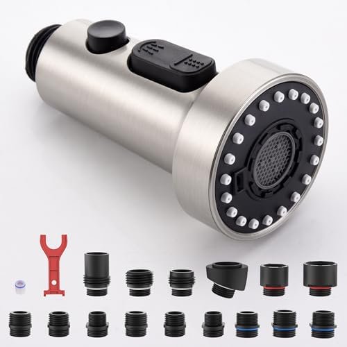 Pull Down Kitchen Faucet Sprayer Head Replacement Part, 3 Function Pull Out Sink Sprayer Replacement Nozzle with 15 Adapters, Kitchen Faucet Head Hose Spray Tap Spout, Brushed Nickel