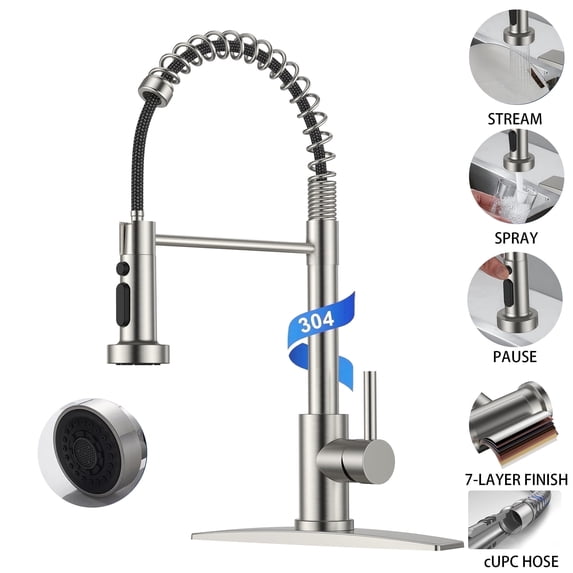 TVOFEK Kitchen Faucets with Pull Down Sprayer 3-Mode, Brushed Nickel Spring Kitchen Sink Faucet with Deck Plate fits 3 Hole for RV Laundry Vessel