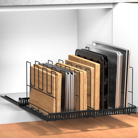 Pull Out Large Baking Tray and Cookie Sheet Organizer, 13"-22" Width Expandable Cutting Board Holder with 8 Adjustable Dividers, 20" Deep Bakeware Storage Rack for Cabinet, Black
