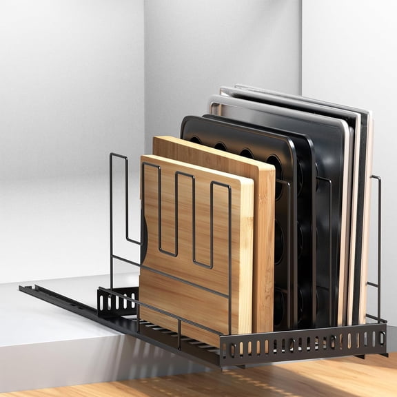 Pull Out Large Baking Tray and Cookie Sheet Organizer, 20" Deep Cutting Board Organizer with 4 Adjustable Dividers, 12" Wide Bakeware Muffin Pan Storage Rack for Cabinet