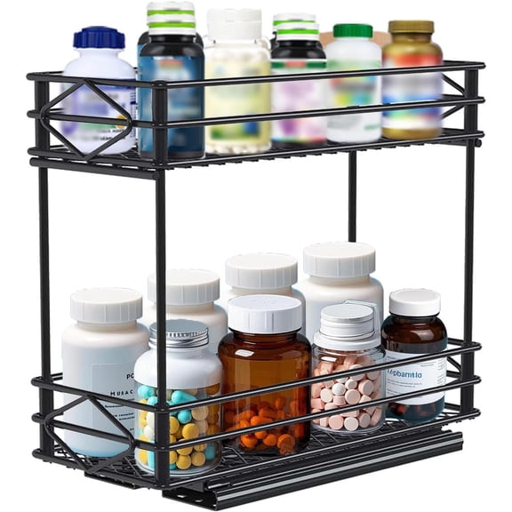 Pull Out Medicine Organizer,Slide Out Storage Drawers,Spice Rack Organizer for Cabinet,Pill Bottle Storage for Holding Vitamins,Supplements Cosmetics,10.43L x 4.33W x 7.87H,2 Tier,Black