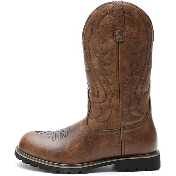 Pull On Boots Western Work Cowboy Boots Men's Square Toe Chunky Heel Mid-Calf Boots