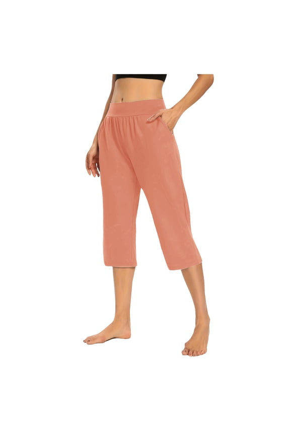 Pull On Capri Pants for Women High Waist Sweat Pant with Pockets Causal Loose Exercise Workout Crop Straight Open Bottom