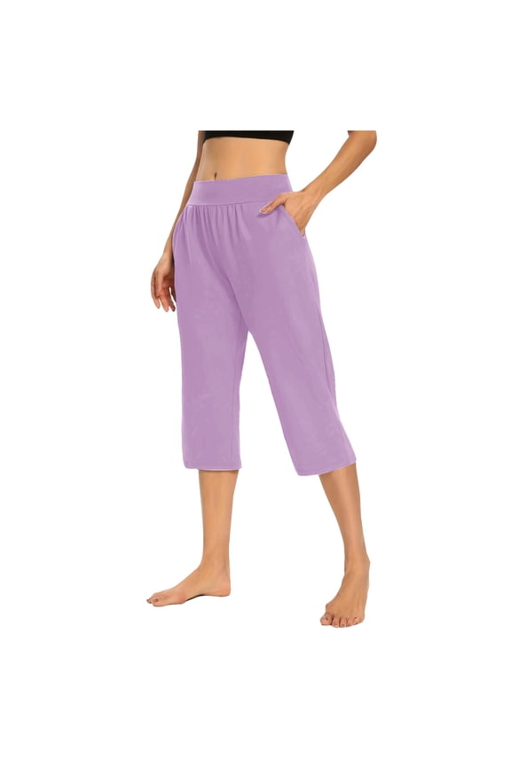 Pull On Capri Pants for Women High Waist Sweat Pant with Pockets Causal Loose Exercise Workout Crop Straight Open Bottom