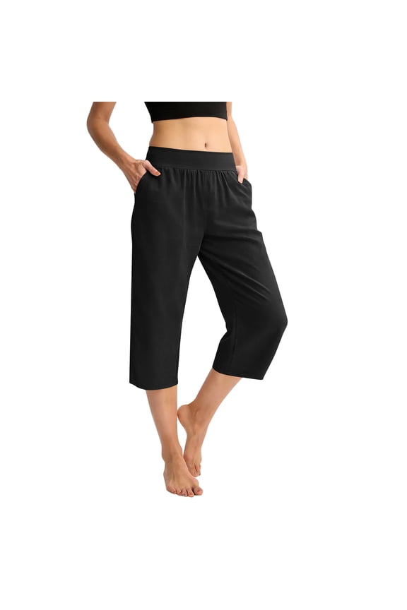 Pull On Capris for Women Dressy Casual Stretch Lightweight Capri Elastic High Waist Lounge Pants 2026 Summer Black 2XL