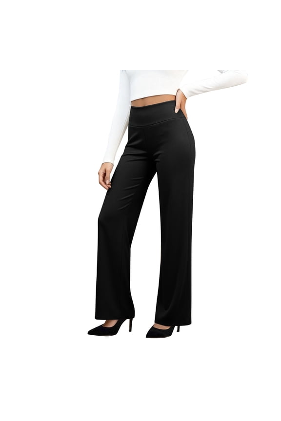 Pull On Dress Pants Women Stretch Tummy Control Wide Leg Yoga Pants High Waisted Work Trousers Business Casual Slacks Black 2XL