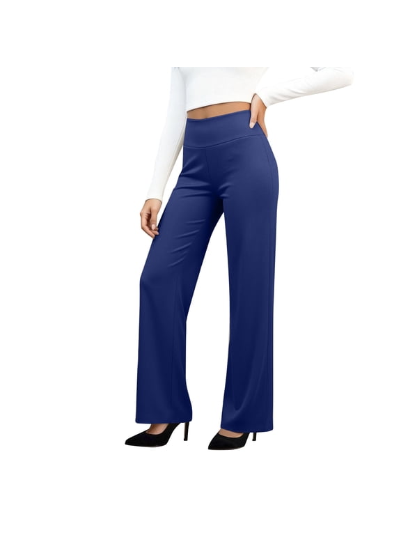 Pull On Dress Pants Women Stretch Tummy Control Wide Leg Yoga Pants High Waisted Work Trousers Business Casual Slacks Blue S