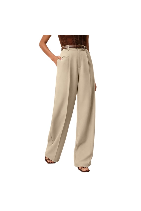 Pull On Dress Pants for Women Tummy Control Business Casual Pants Elegant Formal Office Oversized Wide-Leg Trousers Beige L