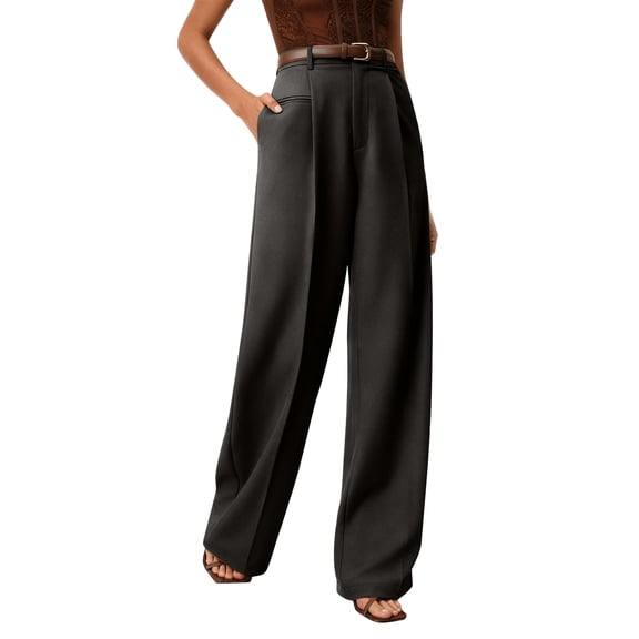 Pull On Dress Pants for Women Tummy Control Business Casual Pants Elegant Formal Office Oversized Wide-Leg Trousers Black M
