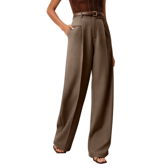 Pull On Dress Pants for Women Tummy Control Business Casual Pants Elegant Formal Office Oversized Wide-Leg Trousers Coffee M