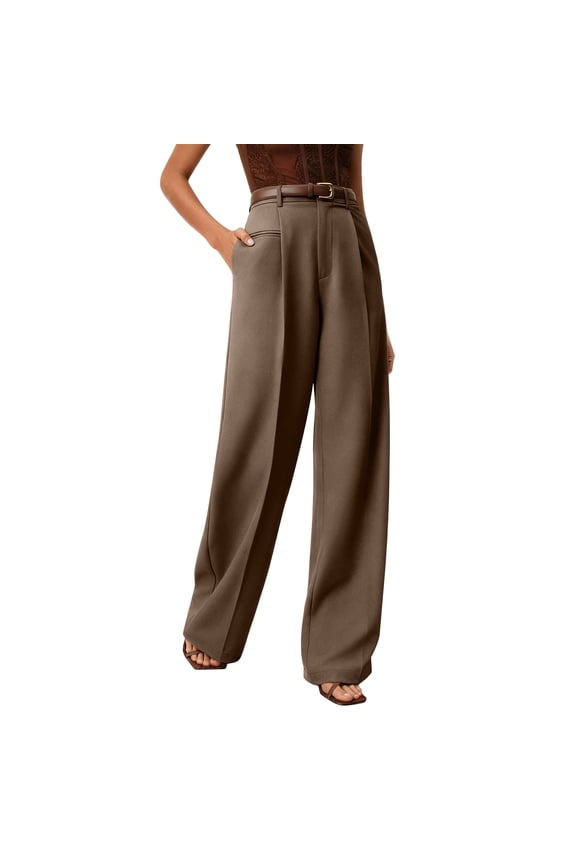 Pull On Dress Pants for Women Tummy Control Business Casual Pants Elegant Formal Office Oversized Wide-Leg Trousers Coffee M