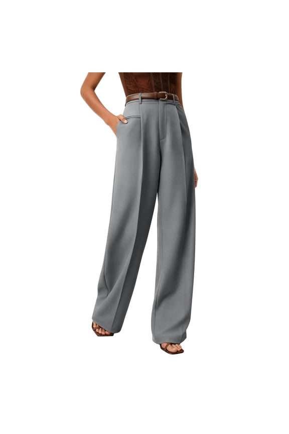 Pull On Dress Pants for Women Tummy Control Business Casual Pants Elegant Formal Office Oversized Wide-Leg Trousers Gray M