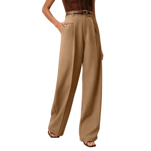 Pull On Dress Pants for Women Tummy Control Business Casual Pants Elegant Formal Office Oversized Wide-Leg Trousers Khaki M