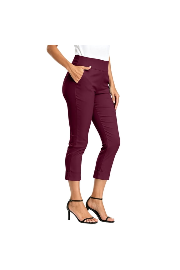 Pull On Dressy Capri Pants for Women Mid Rise Stretch Pedal Pushers with Pockets Casual Dressy office Capris Red XL(XL)