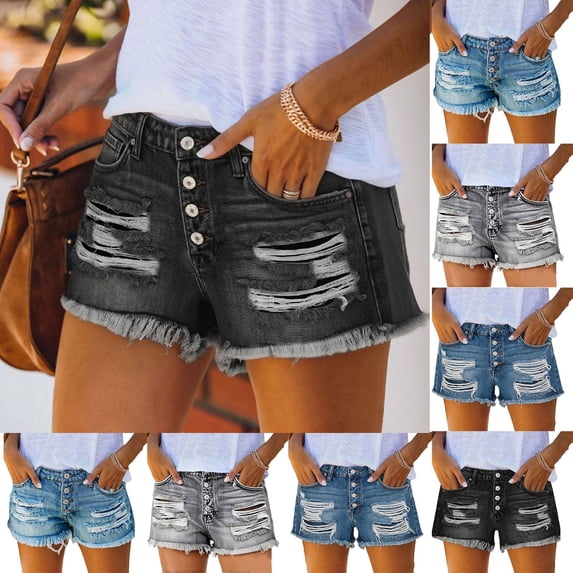 Pull On Jean Shorts for Women High Waisted Trendy Summer Casual Ripped Cutoff Stretchy Distressed Denim Shorts Black S