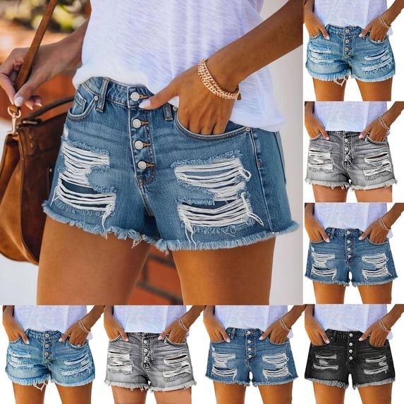 Pull On Jean Shorts for Women High Waisted Trendy Summer Casual Ripped Cutoff Stretchy Distressed Denim Shorts Dark Blue 2XL