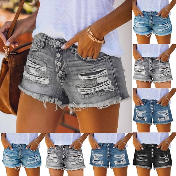 Pull On Jean Shorts for Women High Waisted Trendy Summer Casual Ripped Cutoff Stretchy Distressed Denim Shorts Gray 2XL