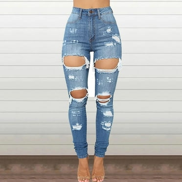 Pull On Jeans For Women High Waisted Ripped Stretchy Curvy Skinny Comfortable Lightweight Casual Jeans Blue S