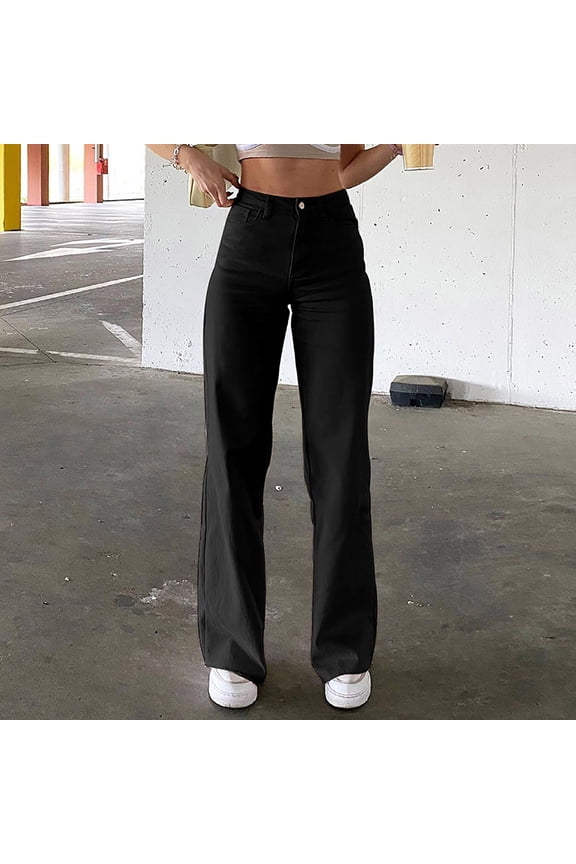 Pull On Jeans For Women Straight Leg Relaxed Fit Elastic Denim Pants Vintage Comfy Street Outdoor Hiking Pants With Pocket Black L