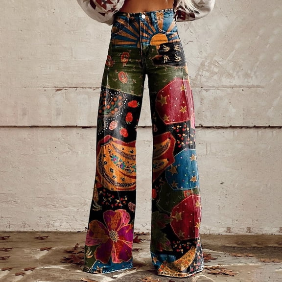 Pull On Jeans For Women Wide Leg Graphics Print Fashion Elastic Denim Pants Comfort Street Travel Long Jeans With Pocket Black L